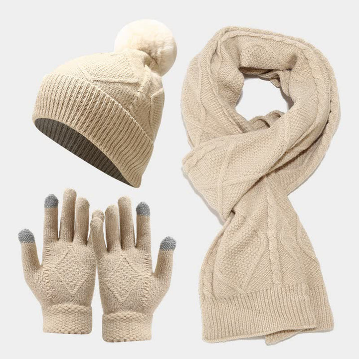 Conjunto de 3 gorros, bufandas y guantes con pompones de diamantes para mujer