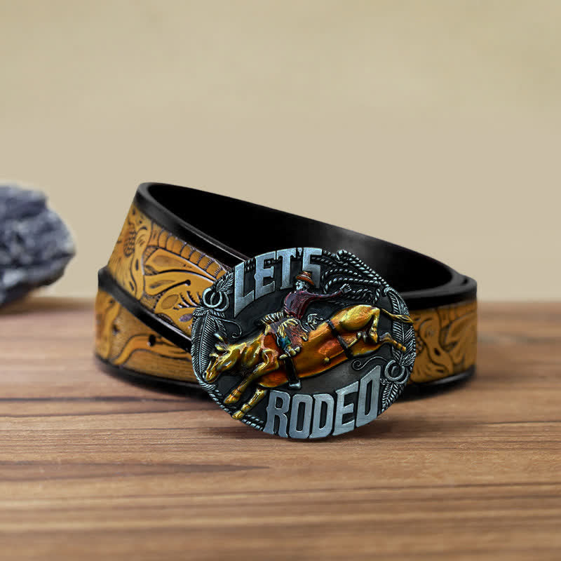 Cinturón de cuero con hebilla de toro esmaltado Let's Rodeo para hombre hecho a mano