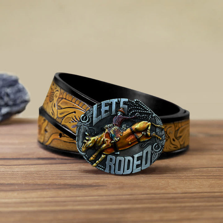 Cinturón de cuero con hebilla de toro esmaltado Let's Rodeo para hombre hecho a mano