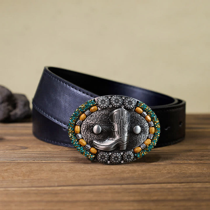 Cinturón de cuero con hebilla para botas de hombre, con cuentas de madera y diamantes de imitación, hecho a mano