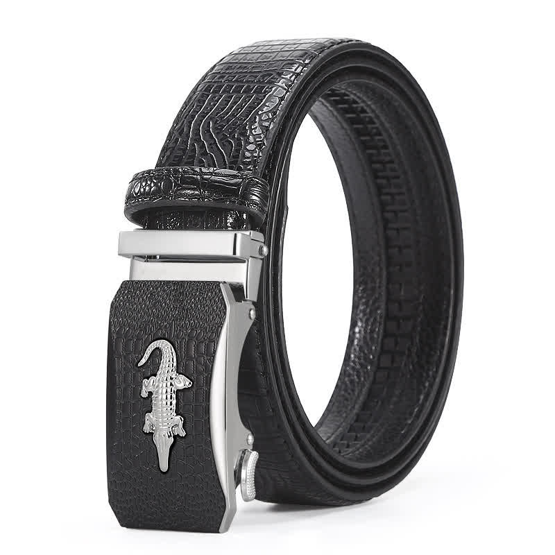 Cinturón de cuero con trinquete y hebilla con relieve de cocodrilo para hombre