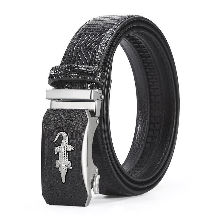 Cinturón de cuero con trinquete y hebilla con relieve de cocodrilo para hombre