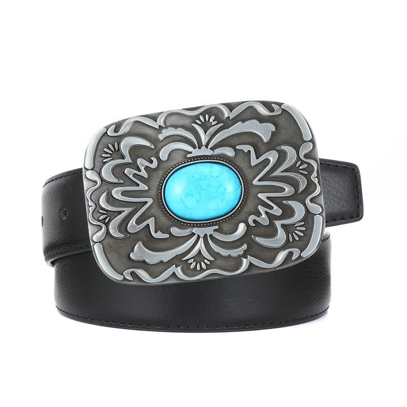 Cinturón de cuero con hebilla de flor de piedra turquesa para hombre hecho a mano