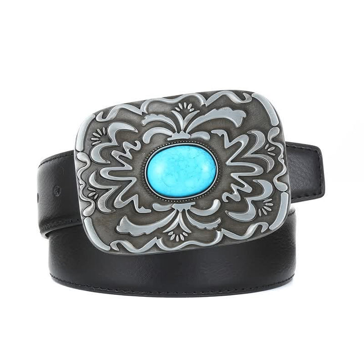 Cinturón de cuero con hebilla de flor de piedra turquesa para hombre hecho a mano