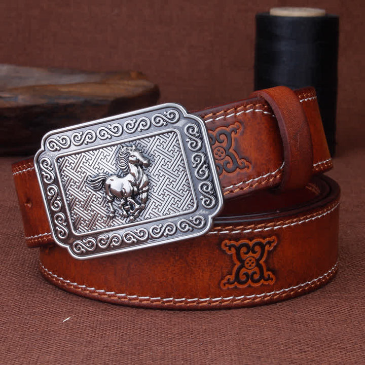 Cinturón de cuero de caballo plateado estilo vaquero étnico para hombre