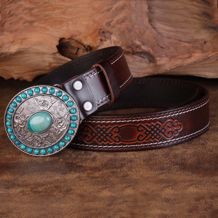 Cinturón unisex de piel de ágata de jade y turquesa rosa tallada