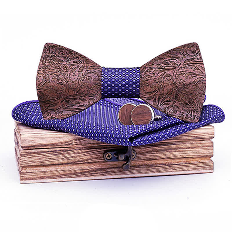 Juego de 3 pajaritas de madera con estampado de cachemira y nogal negro para hombre