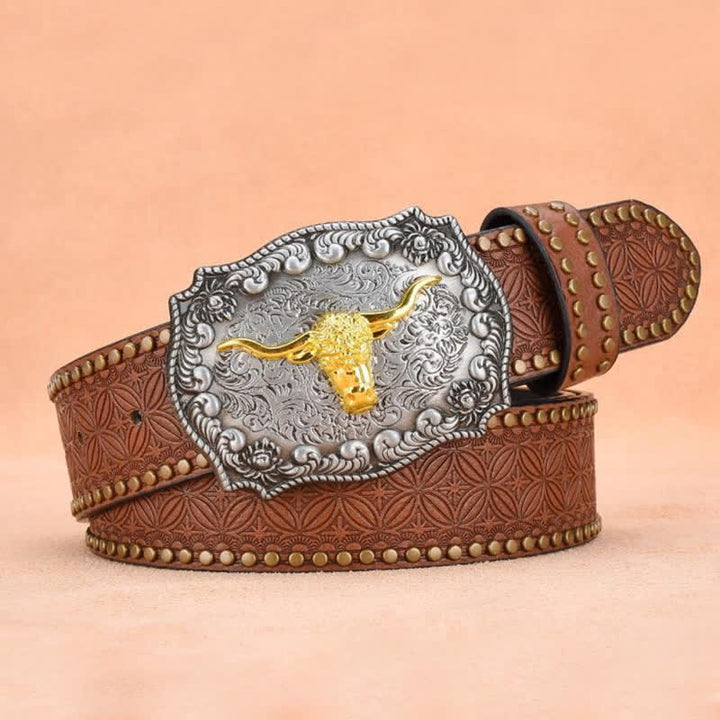 Cinturón de cuero de toro longhorn dorado con remaches punk para hombre