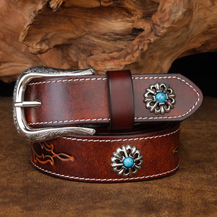 Cinturón unisex de cuero con flor turquesa marrón retro