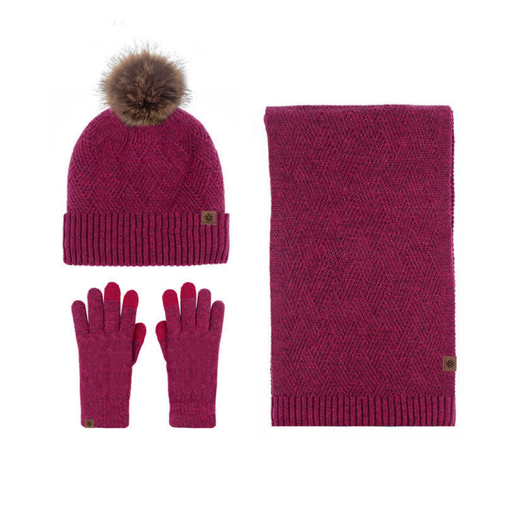 Conjunto de 3 guantes con pantalla táctil y bufanda con pompón tejido para mujer