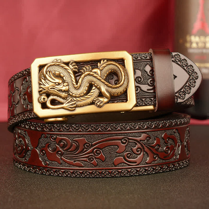 Cinturón de cuero con estampado de dragón en espiral para hombre
