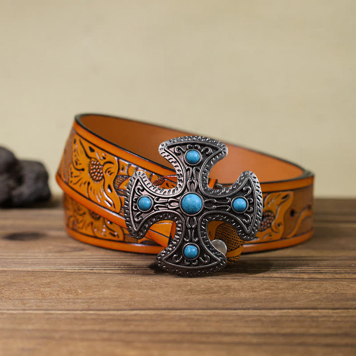 Cinturón de cuero con hebilla de cruz de piedra turquesa retro para hombre hecho a mano