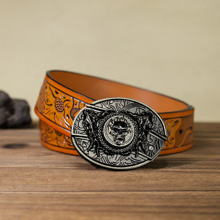 Cinturón de cuero con cuchillo plegable oculto y calavera giratoria para hombre