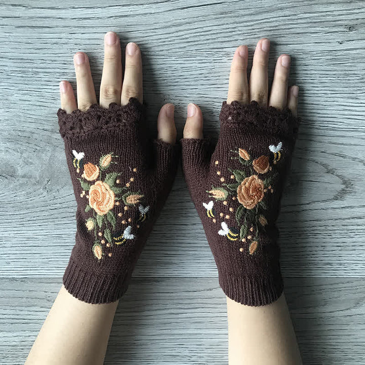 Guantes de punto de medio dedo con bordado de flores para mujer