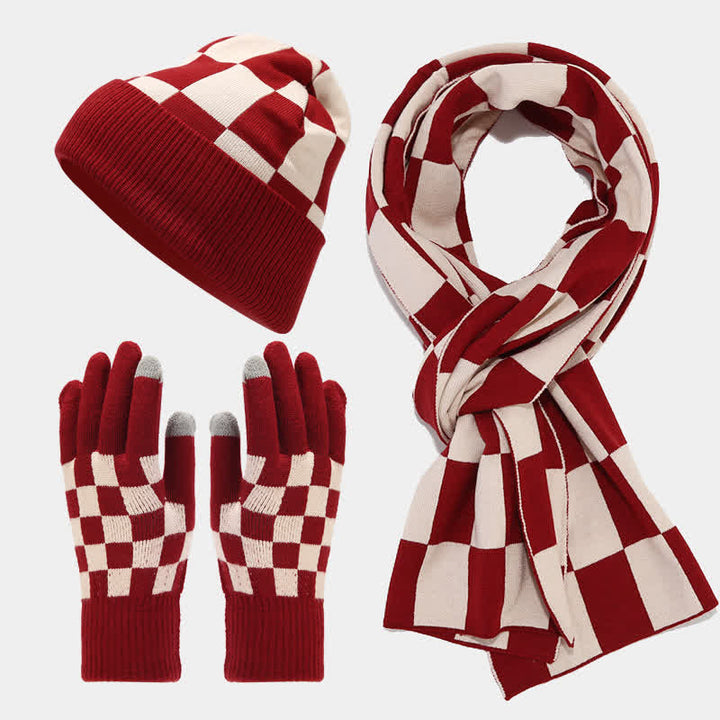 Conjunto de 3 guantes y gorro unisex a cuadros con bufanda