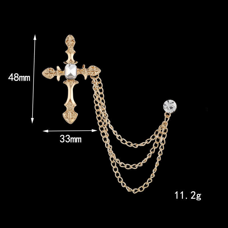 Broche clásico de cadena con cristales en forma de cruz para hombre