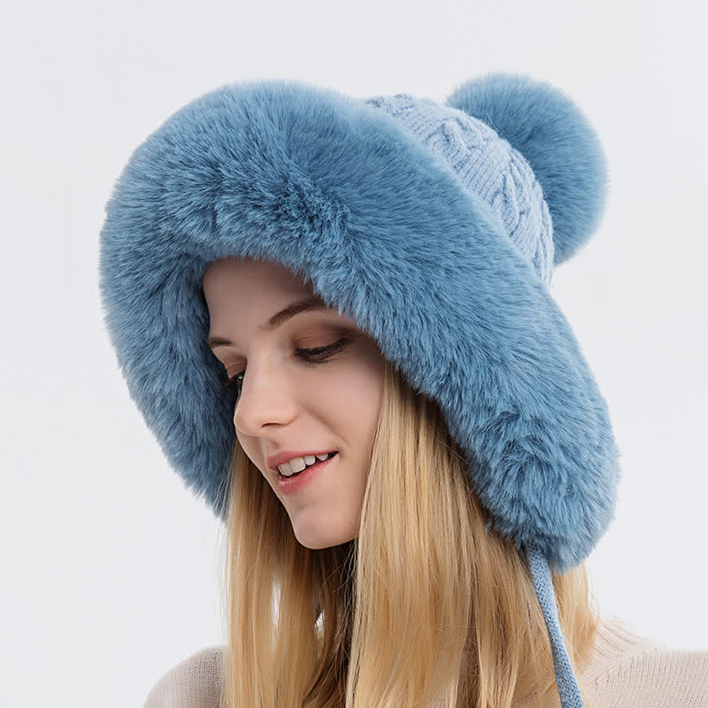 Gorro de punto grueso y cálido con tres pompones para mujer - Azul - Ajustable (21 5/8"-23 5/8") - image 3