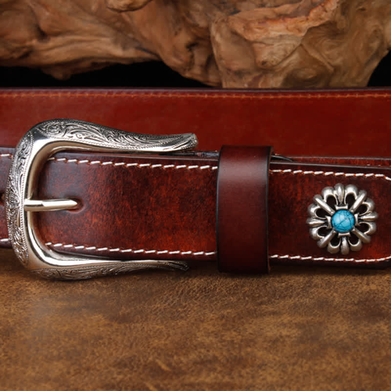 Cinturón unisex de cuero con flor turquesa marrón retro