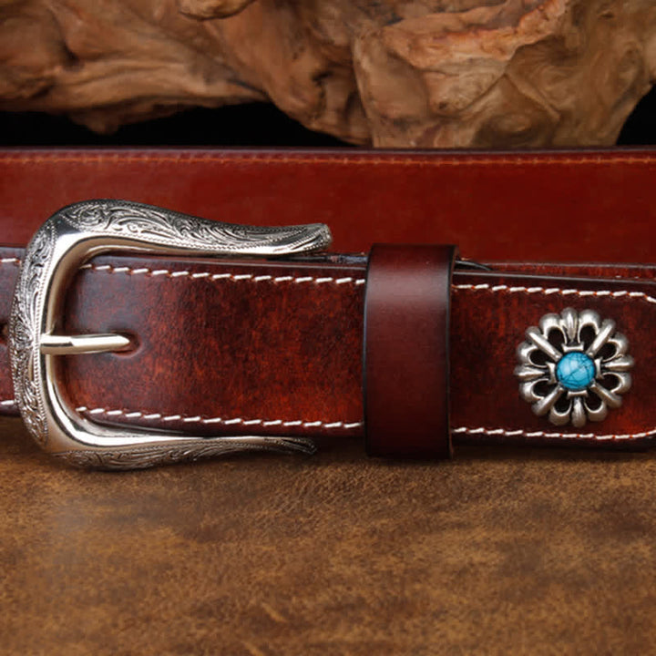 Cinturón unisex de cuero con flor turquesa marrón retro