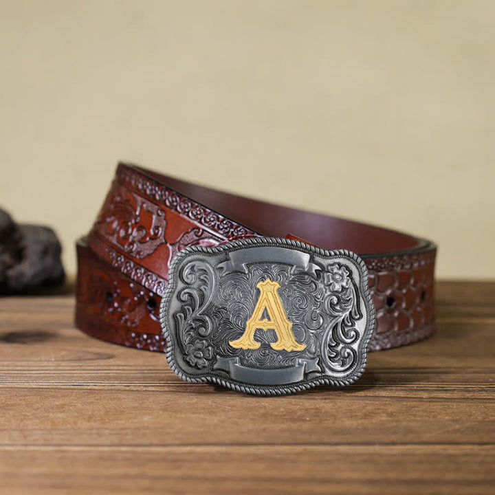 Cinturón de cuero con hebilla cuadrada y letra inicial retro para hombre