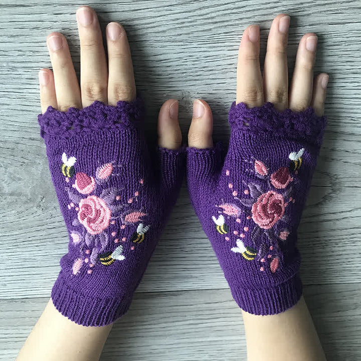 Guantes de punto de medio dedo con bordado de flores para mujer
