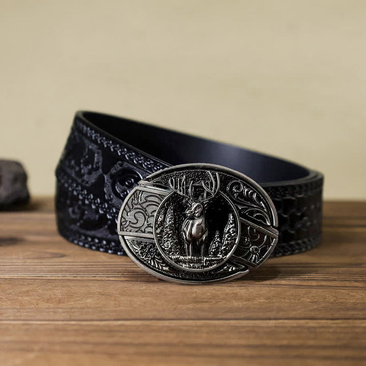 Cinturón de cuero con cuchillo plegable oculto con diseño de ciervo del bosque para hombre