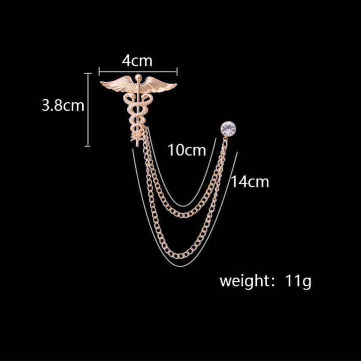 Broche de cadena con serpientes dobles y caduceo para hombre