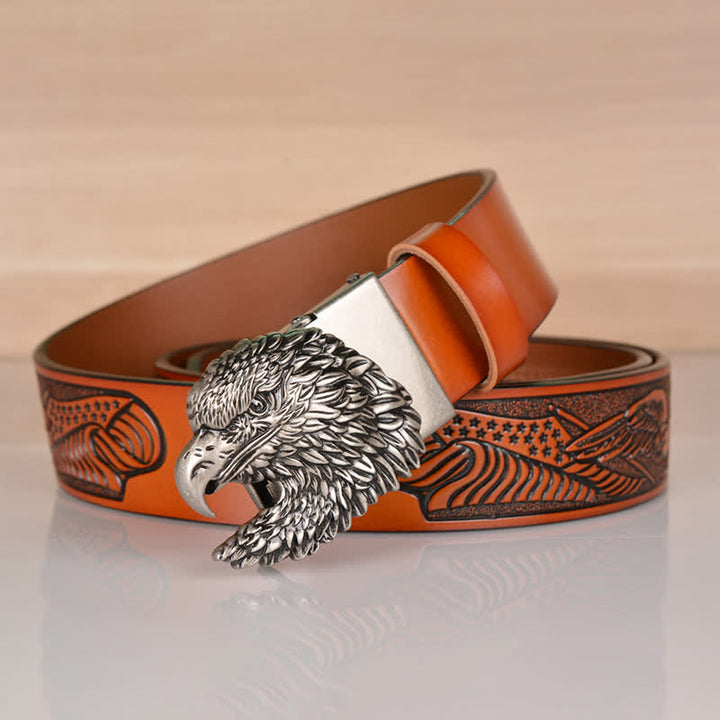 Cinturón de cuero con hebilla automática y cabeza de águila intrincada para hombre