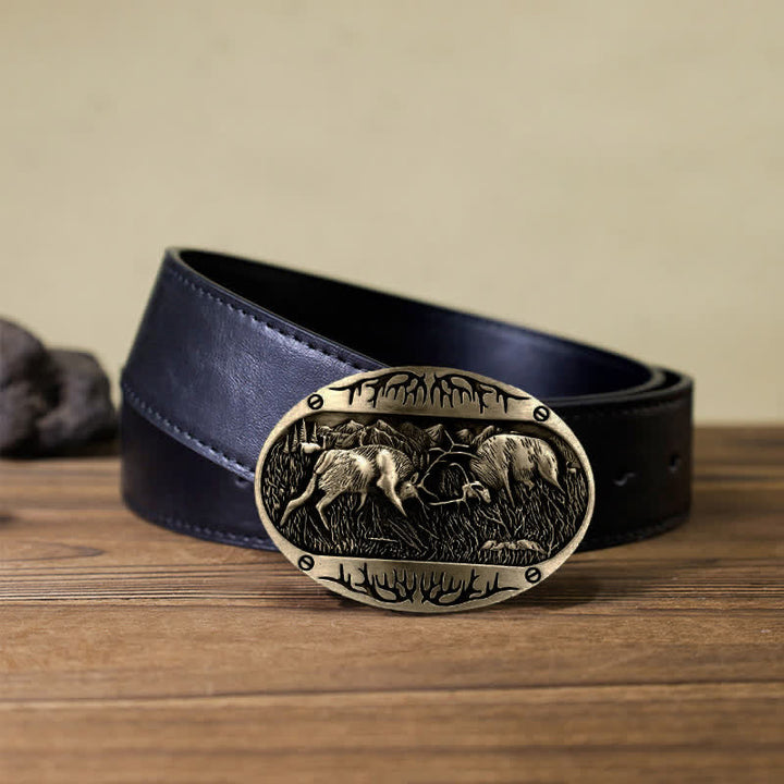 Cinturón de cuero estilo western con hebilla de ciervo salvaje para hombre, hecho a mano