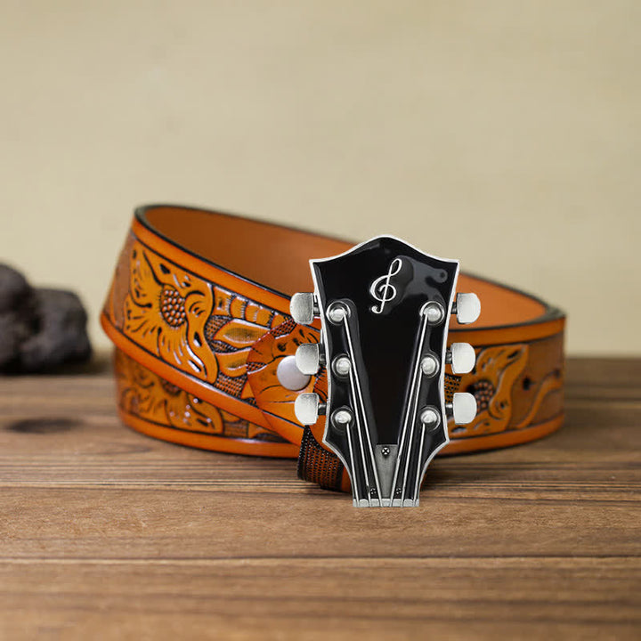 Cinturón de cuero con hebilla de clavijero de guitarra musical para hombre hecho a mano