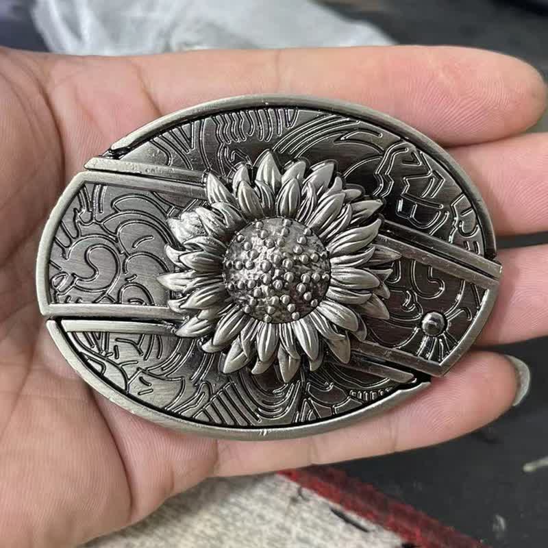Cinturón de cuero con cuchillo plegable oculto de girasol para hombre