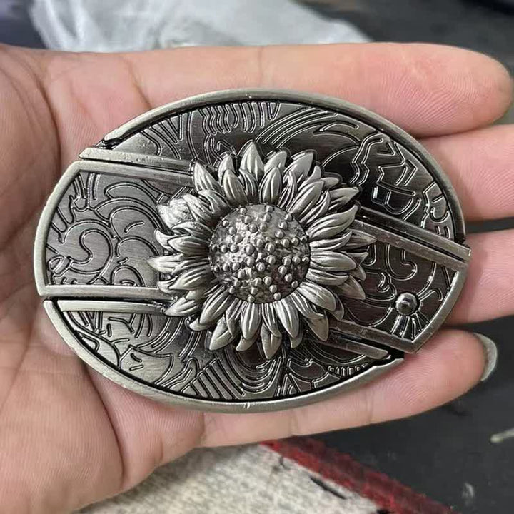 Cinturón de cuero con cuchillo plegable oculto de girasol para hombre
