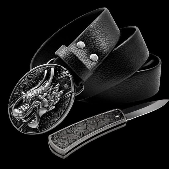 Cinturón de cuero vintage con dragón 3D para hombre con navaja plegable