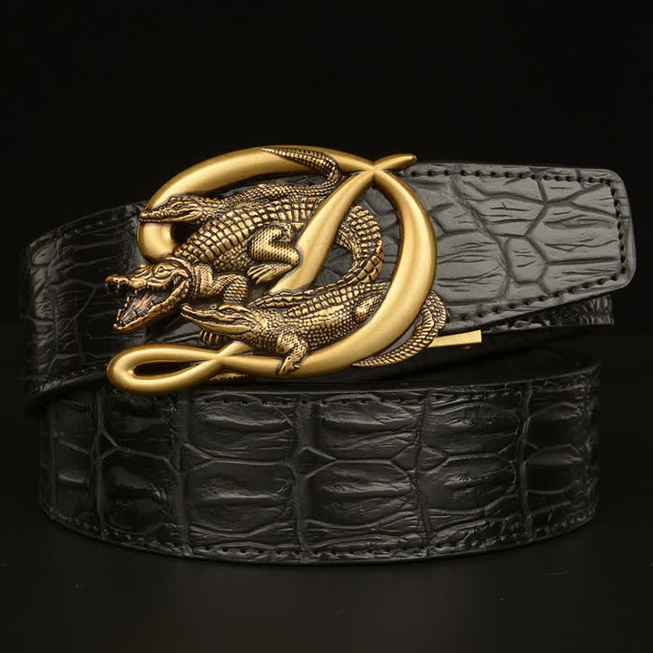 Cinturón de piel con estampado de cocodrilo y hebilla de cocodrilo para hombre