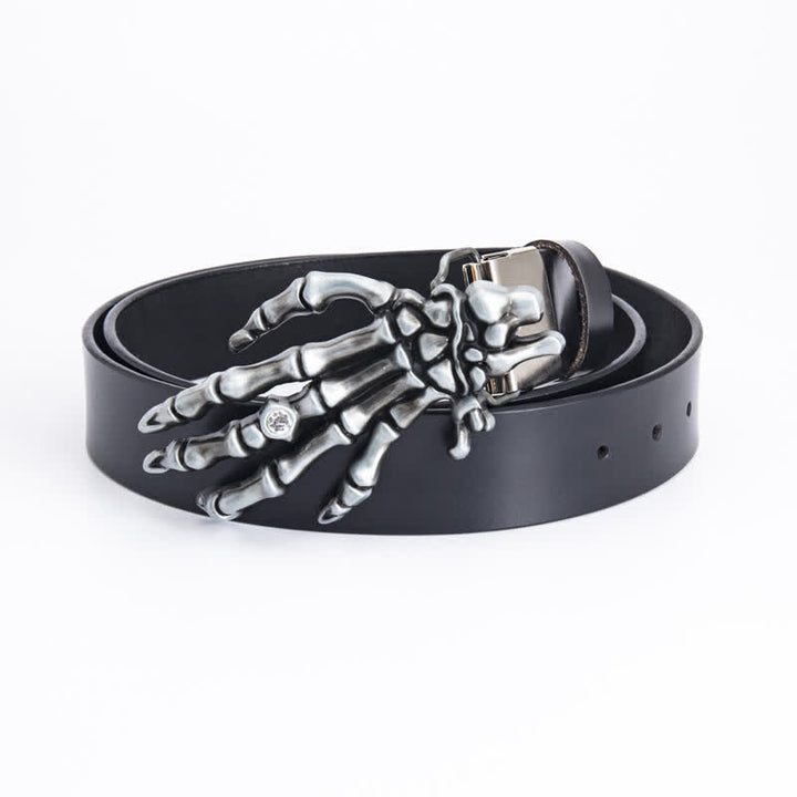 Cinturón de cuero con diseño de mano de esqueleto estilo rock punk para hombre