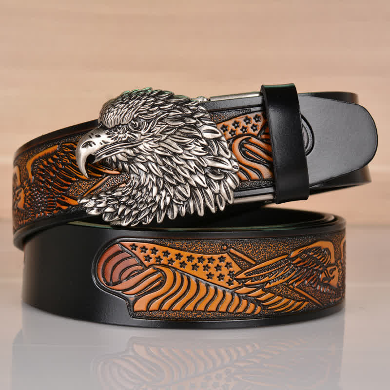 Cinturón de cuero con hebilla automática y cabeza de águila intrincada para hombre