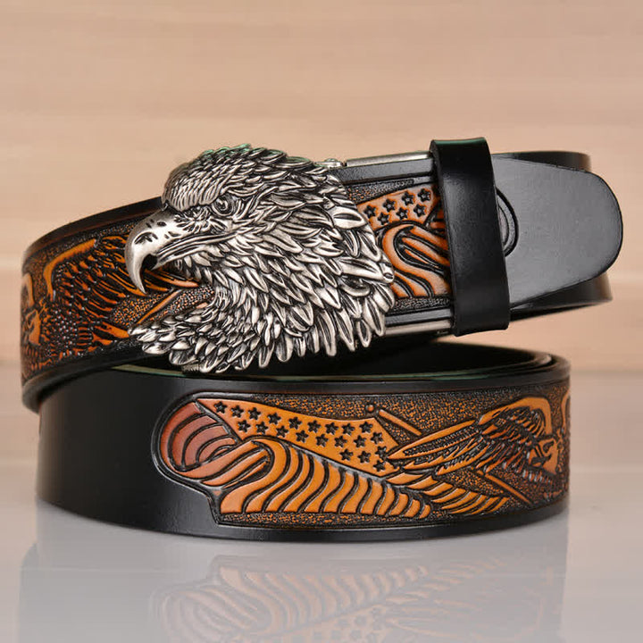 Cinturón de cuero con hebilla automática y cabeza de águila intrincada para hombre