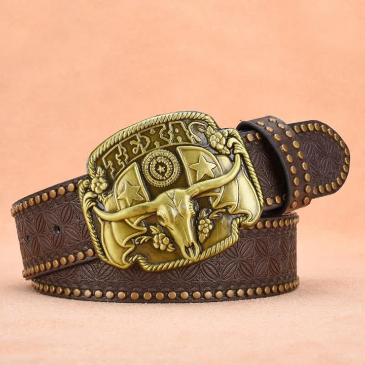 Cinturón de cuero con remaches de novillo Longhorn antiguo para hombre