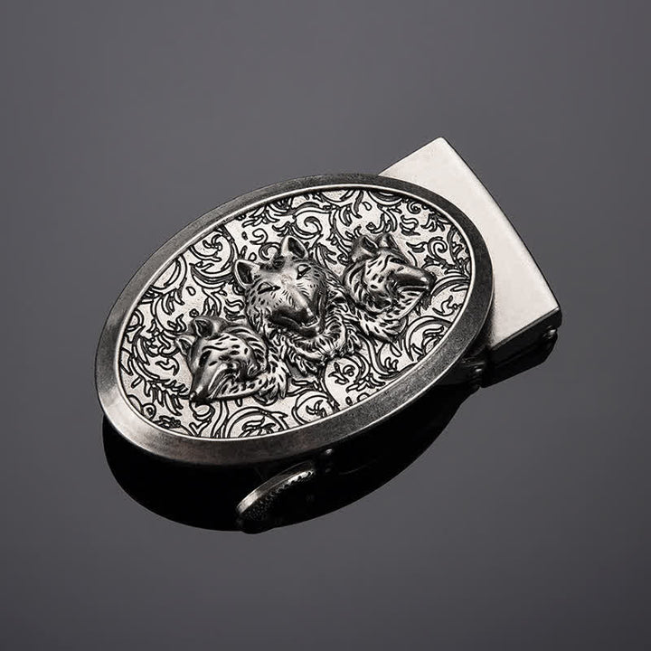 Cinturón de cuero con hebilla automática Hungry Wolves para hombre, hecho a mano