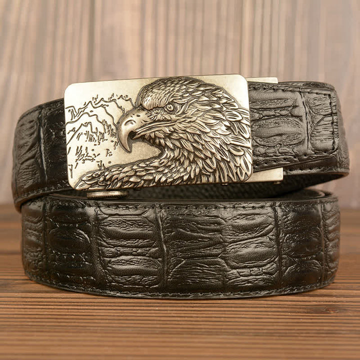 Cinturón de piel con estampado de cocodrilo y águila tallada para hombre