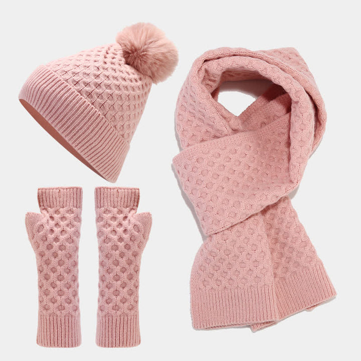Conjunto de 3 guantes y gorro de punto cruzado para mujer