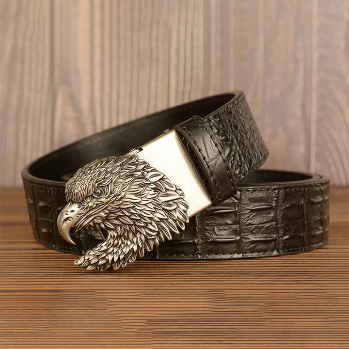 Cinturón de piel con relieve de cocodrilo y cabeza de águila para hombre