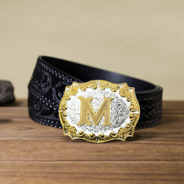 Cinturón de cuero con hebilla con letras iniciales doradas para hombre hecho a mano