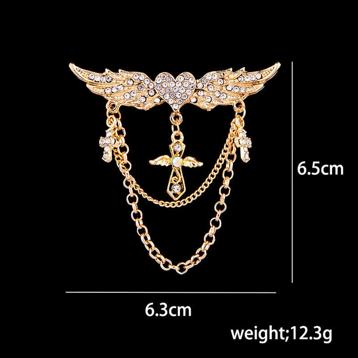 Broche con borlas y cruz de corazón y alas de ángel para hombre