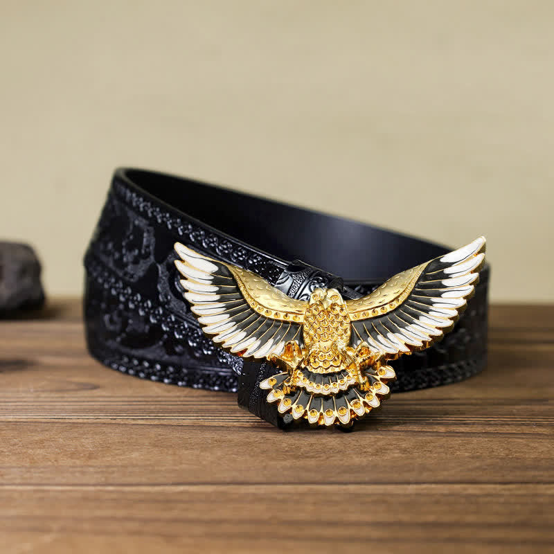 Cinturón de cuero con hebilla de alas extendidas de águila dorada para hombre hecho a mano