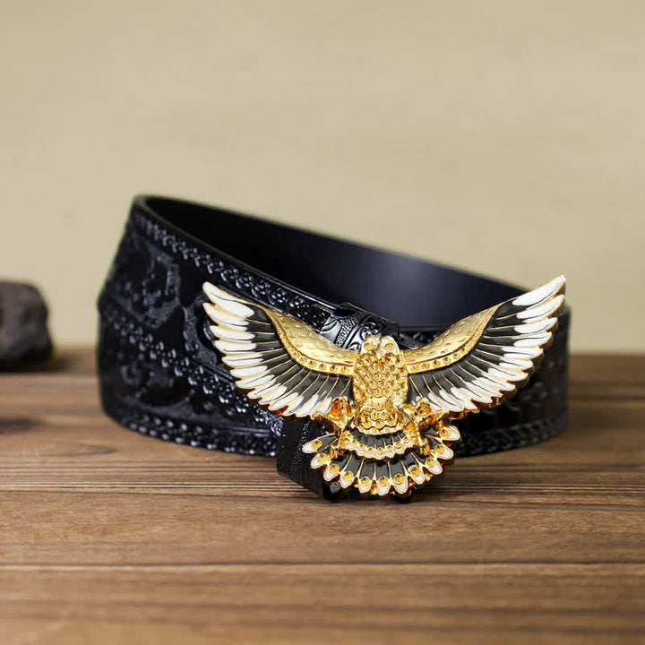 Cinturón de cuero con hebilla de alas extendidas de águila dorada para hombre hecho a mano