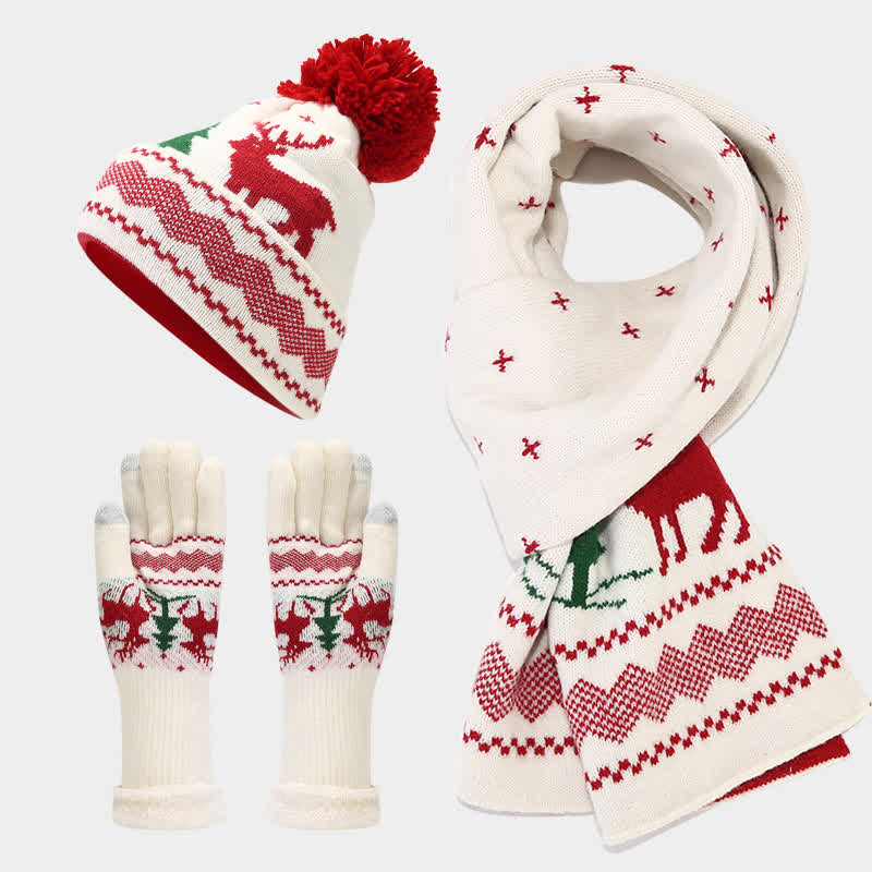Conjunto de 3 guantes y bufanda de jacquard con diseño de reno para mujer