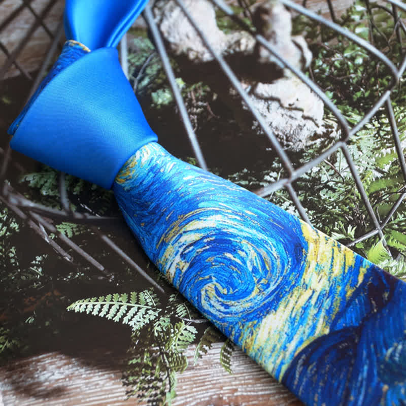 Corbata de hombre con pintura azul de noche estrellada