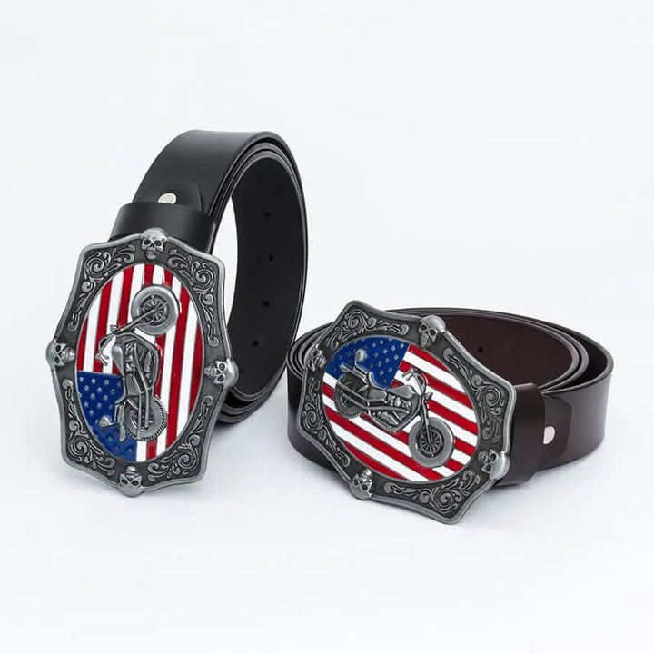 Cinturón de cuero con calavera y bandera estadounidense para hombre con diseño de motocicleta