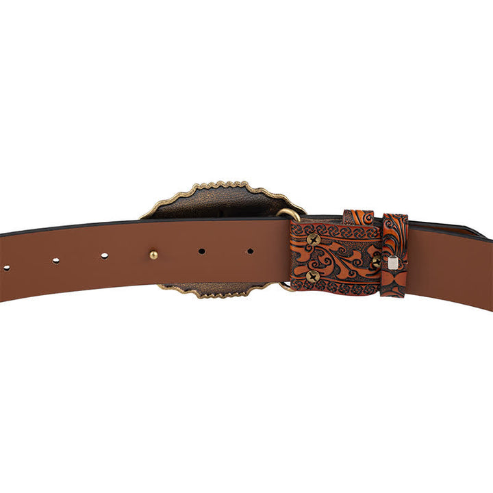 Cinturón clásico de cuero con calavera de toro y flores para hombre